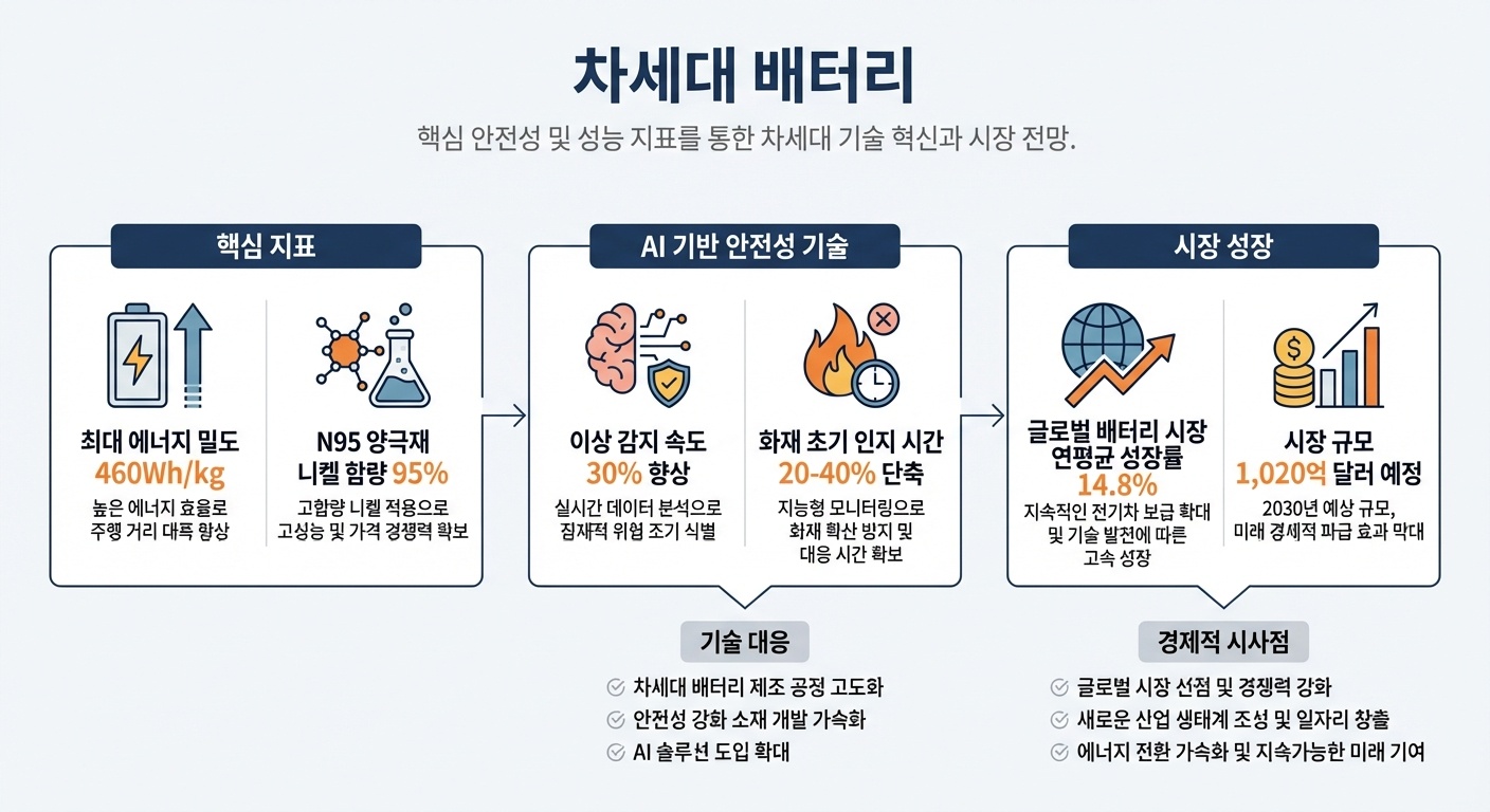 인포그래픽 이미지: 차세대 배터리 안전성과 경제성 핵심 지표 분석