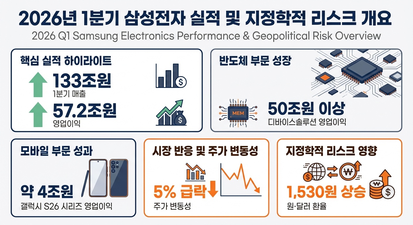 인포그래픽 이미지: 2026년 1분기 삼성전자 실적 및 지정학적 리스크 개요