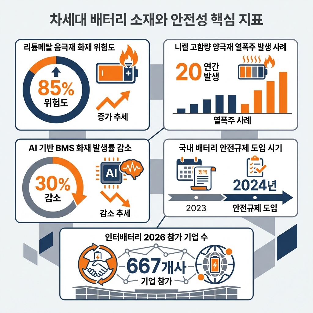 인포그래픽 이미지: 차세대 배터리 소재 및 안전성 핵심 지표