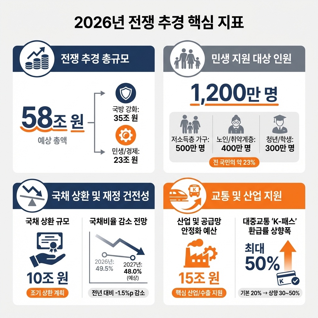 인포그래픽 이미지: “2026년 전쟁 추경” 핵심 지표 및 정책 개요