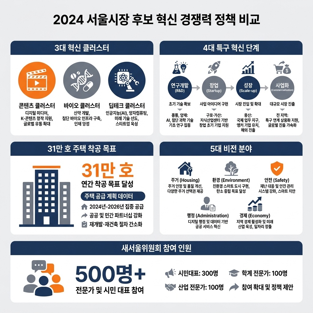 인포그래픽 이미지: 2024 서울시장 후보별 혁신 경쟁력 정책 핵심 지표 비교