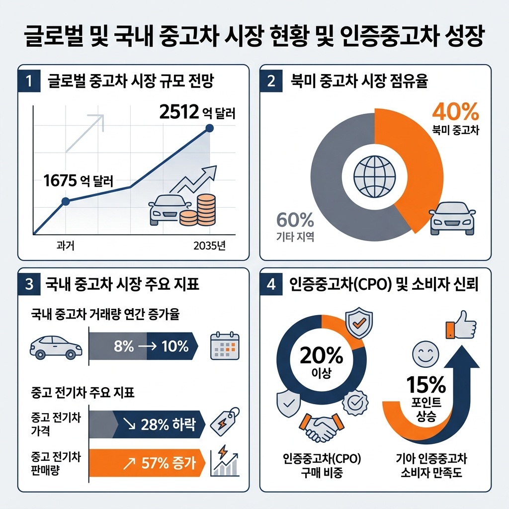 인포그래픽 이미지: 글로벌 및 국내 중고차 시장과 인증중고차의 성장 핵심 지표